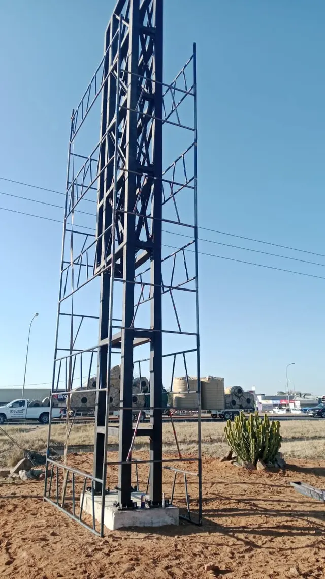 Steel pylon frame during construction at Palapye